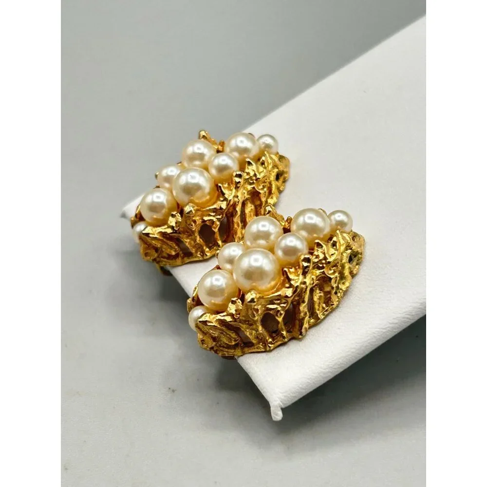 Vintage Napier Gold Tone Clip On Earrings with Faux Pearls Cluster - Picture 3 of 7